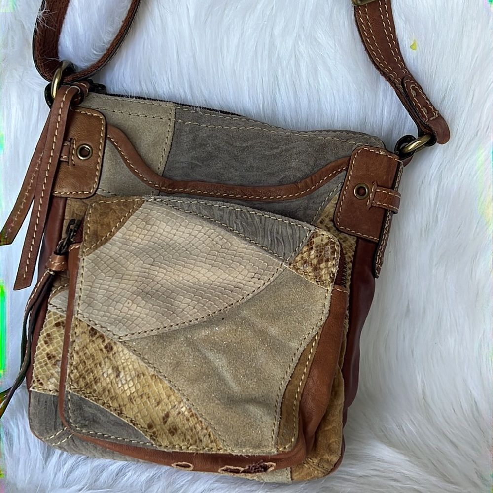 Fossil Brown Beige Leather Patchwork Crossbody Pu… - image 2